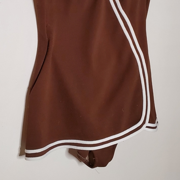 60s Sweetheart Brown Vintage One Piece Swimsuit with White Striped Lining - Picture 5 of 13